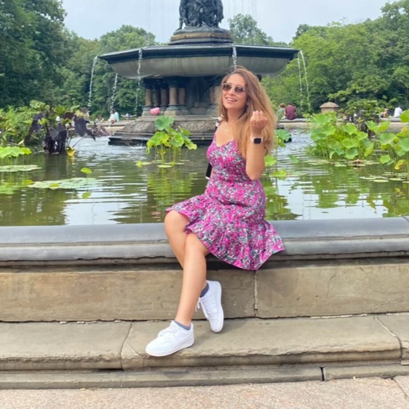 Floral Print Mini Dress Ruffle Detail Tie Back Fuchsia Green White - Picture 10 of 16